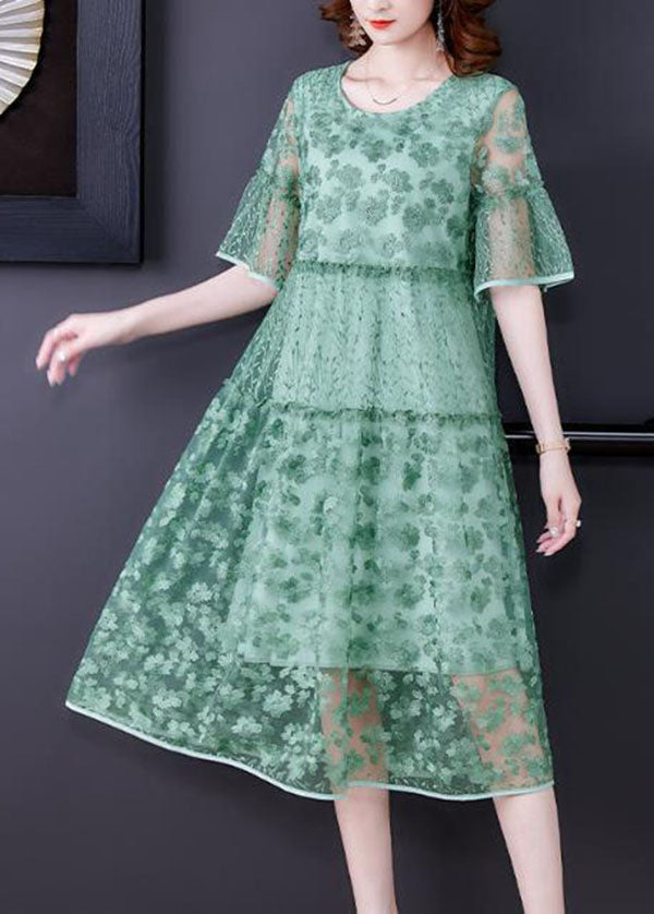 Round Neck Flare Sleeve Floral Lace Tiered Midi Dress