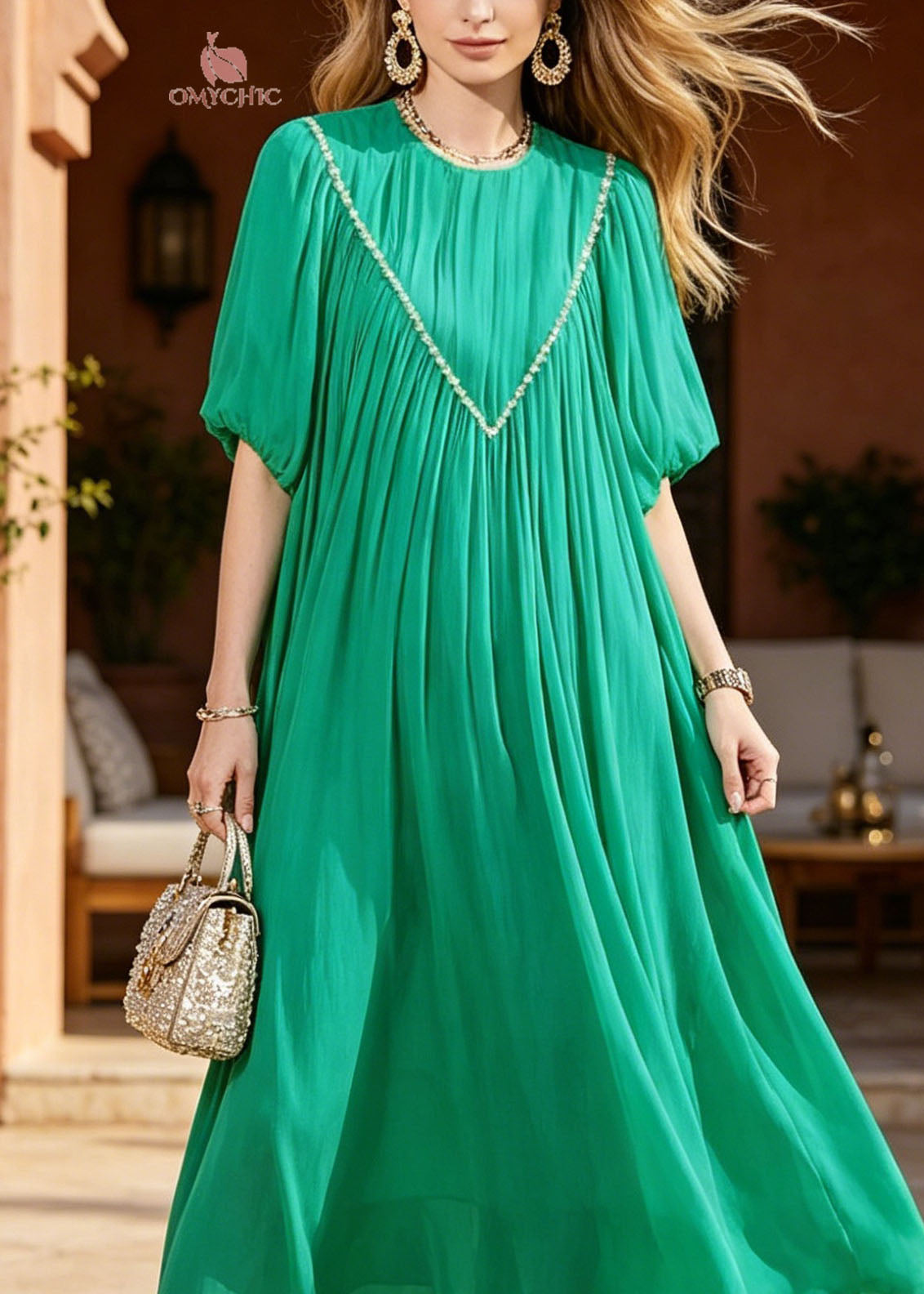 Women Green Puff Sleeve Nail Bead Chiffon Long Dresses - View 2
