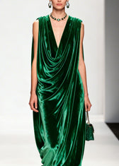 Women Green Ruffled Floral Patchwork Velvet Ankle Dress Sleeveless 2