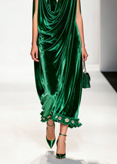 Women Green Ruffled Floral Patchwork Velvet Ankle Dress Sleeveless 4
