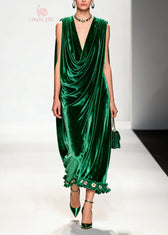 Women Green Ruffled Floral Patchwork Velvet Ankle Dress Sleeveless 5