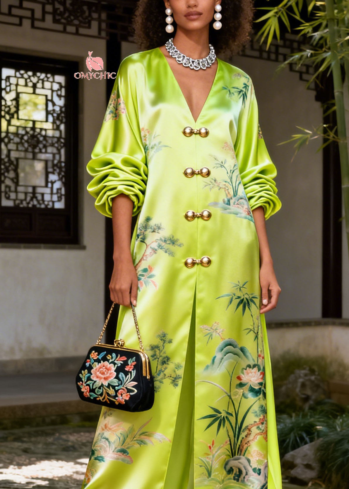 Women Green V Neck Print Silk Vacation Dresses Summer