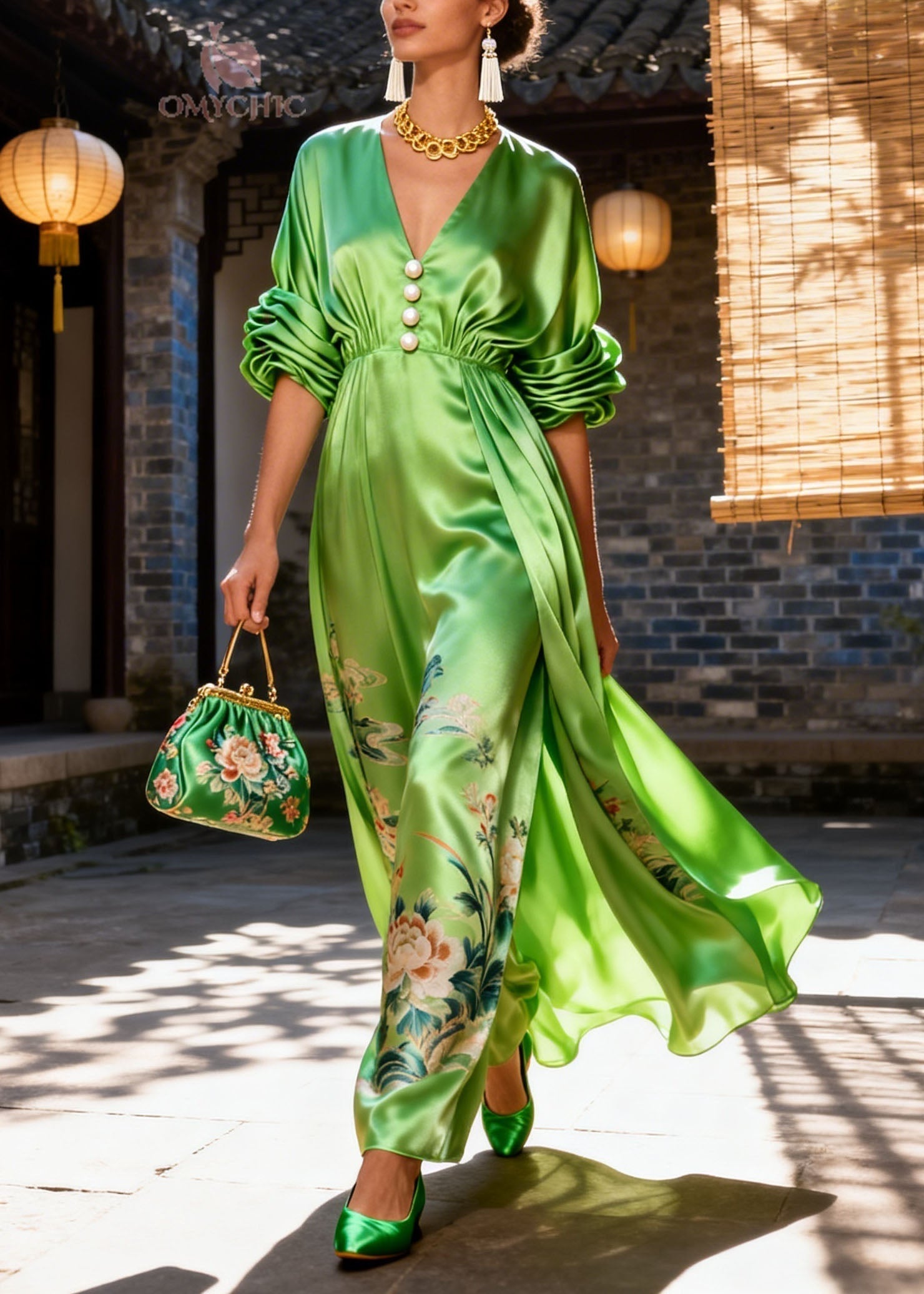 Satin Deep V-Neck Pearl Button Puff Sleeve Floral Embroidery Slit Maxi Gown