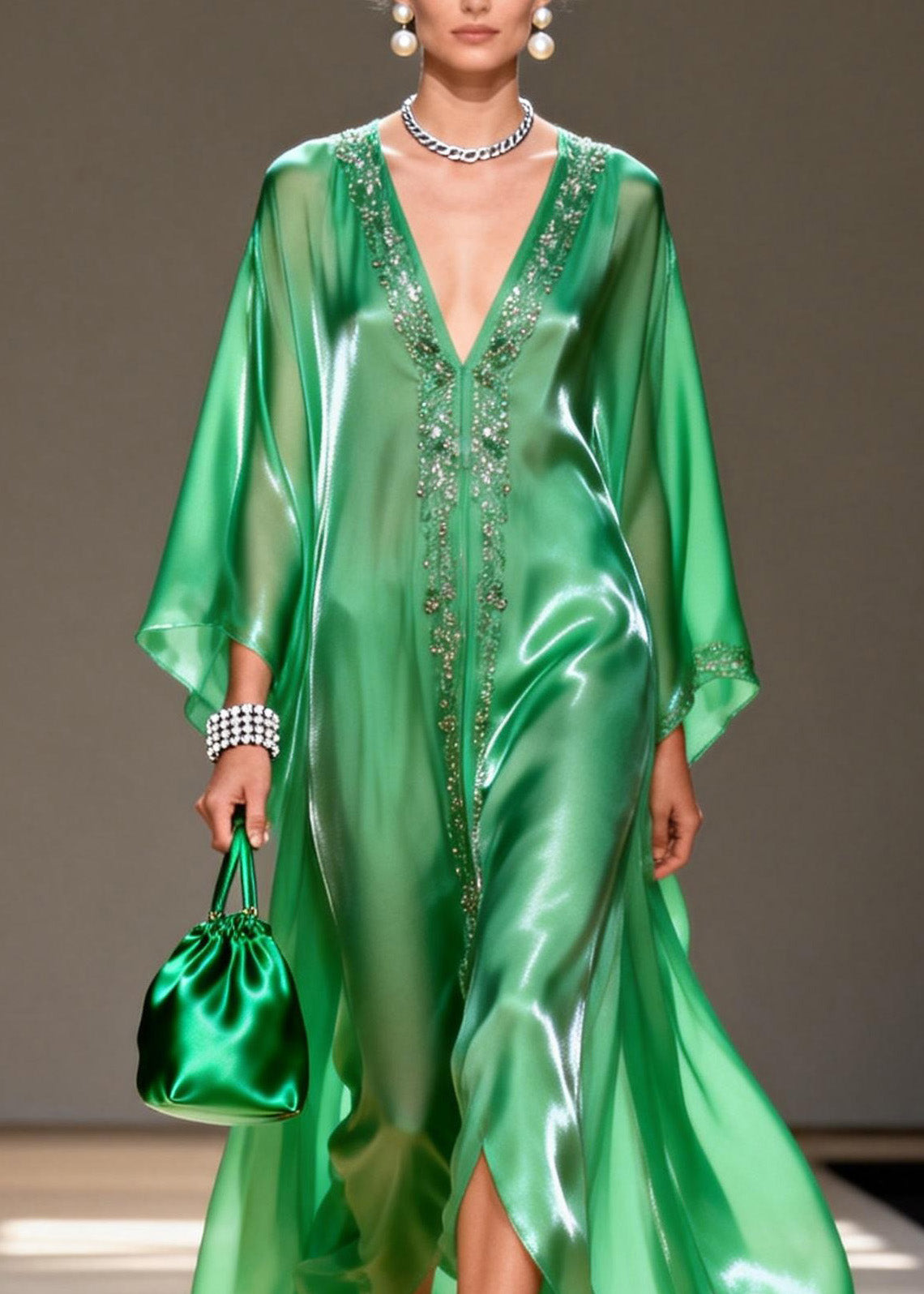 Satin Beaded Trim Deep V-Neck Kimono Sleeve High Split Kaftan Maxi Gown