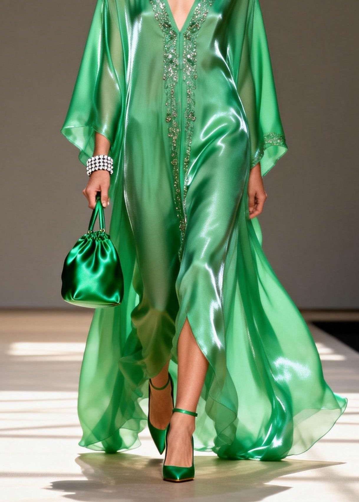 Satin Beaded Trim Deep V-Neck Kimono Sleeve High Split Kaftan Maxi Gown
