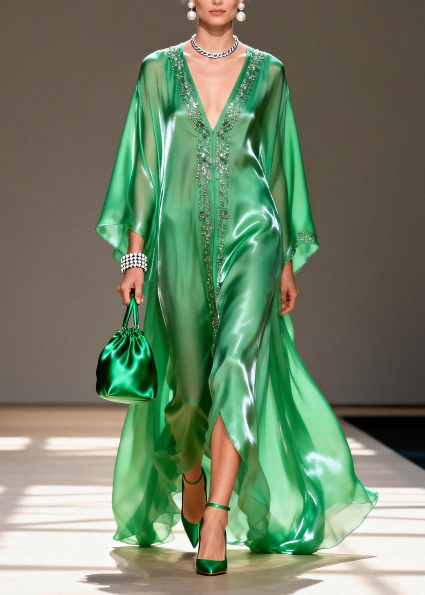 Satin Beaded Trim Deep V-Neck Kimono Sleeve High Split Kaftan Maxi Gown