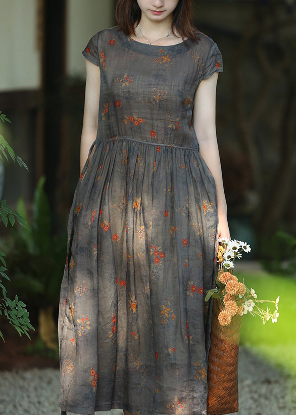 Floral Print Crinkled Gauze Cap Sleeve Gathered Waist A-Line Midi Dress