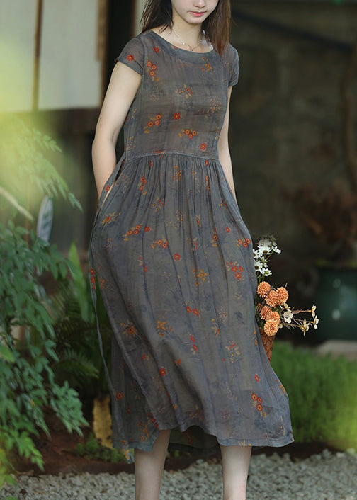 Floral Print Crinkled Gauze Cap Sleeve Gathered Waist A-Line Midi Dress