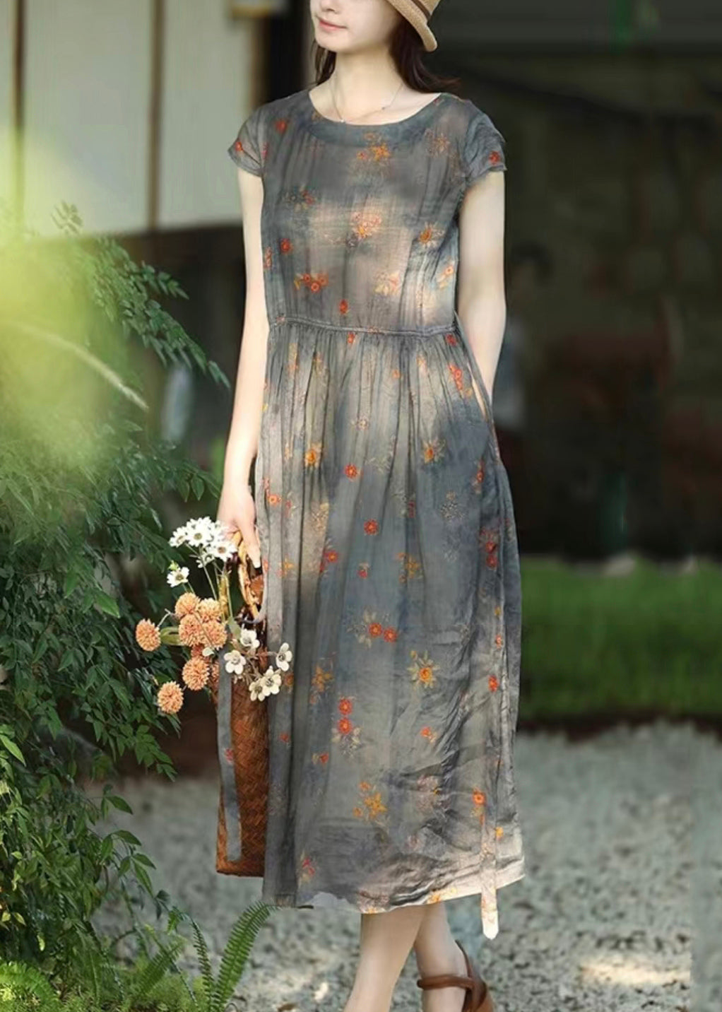 Floral Print Crinkled Gauze Cap Sleeve Gathered Waist A-Line Midi Dress