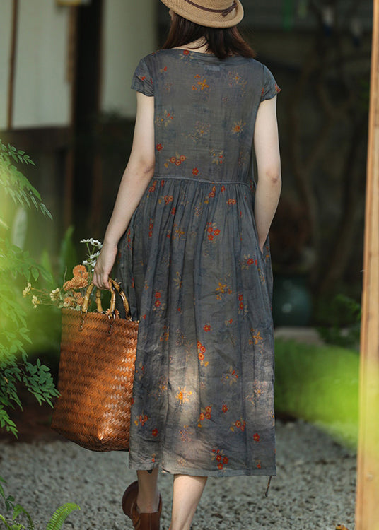 Floral Print Crinkled Gauze Cap Sleeve Gathered Waist A-Line Midi Dress