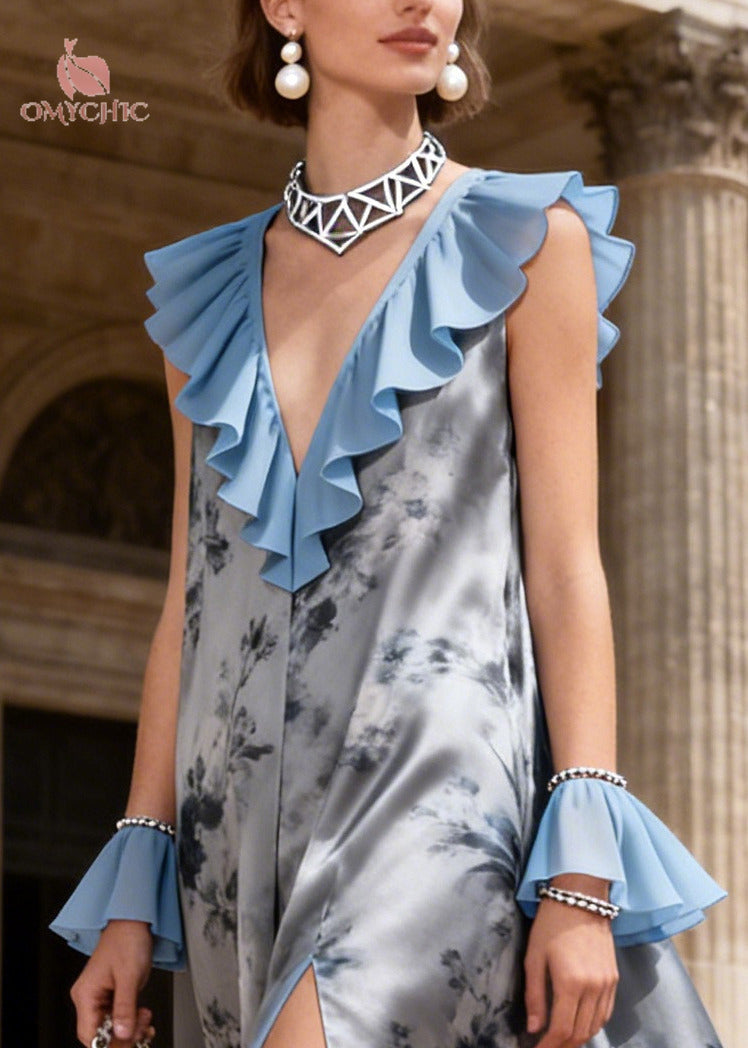 Women Grey Ruffled Patchwork Side Open Chiffon Long Dress Summer - View 2