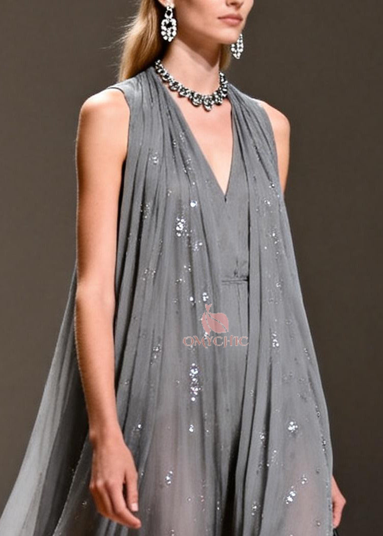 Sequin Chiffon Deep V-Neck Sleeveless Pleated Maxi Gown