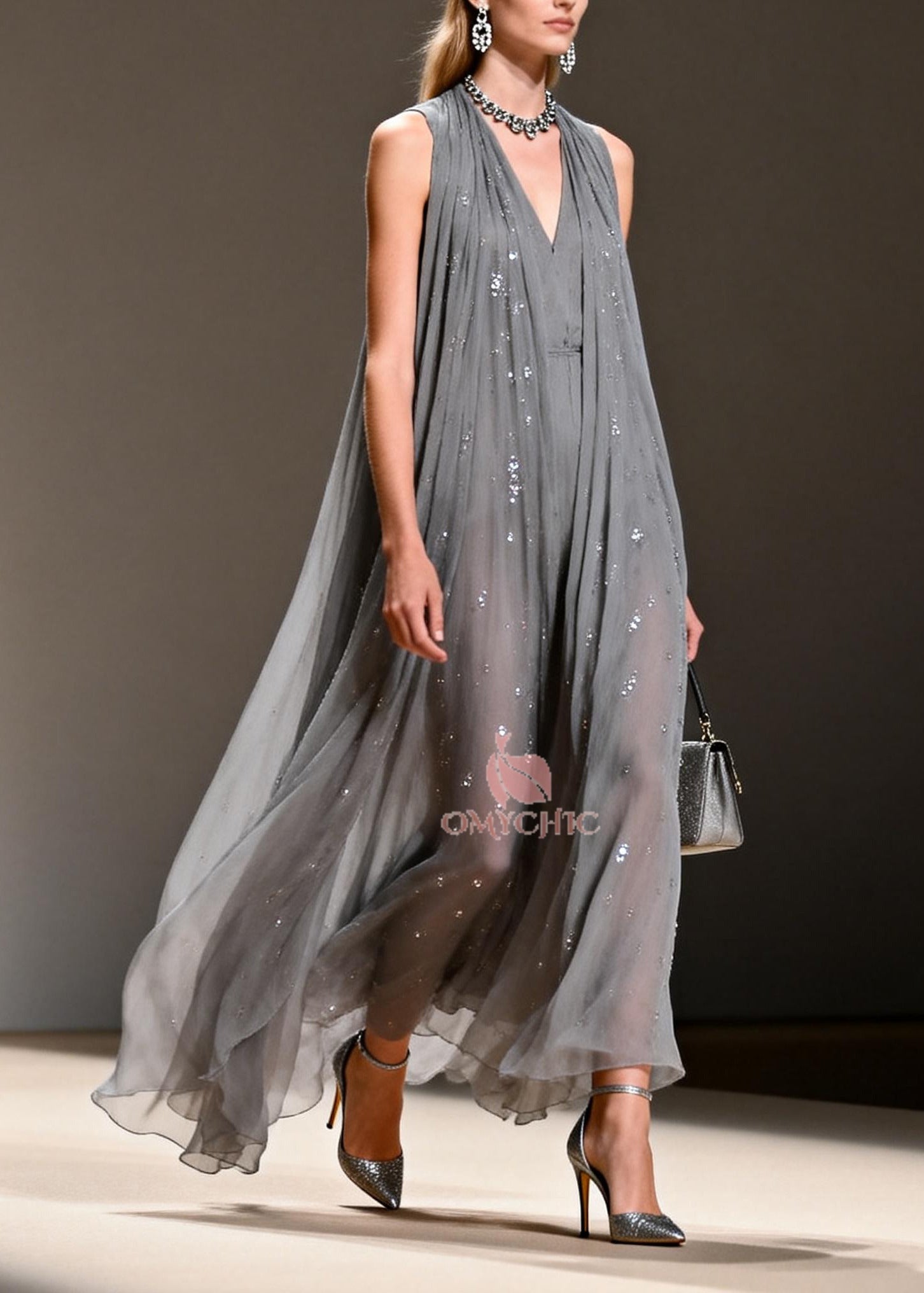 Sequin Chiffon Deep V-Neck Sleeveless Pleated Maxi Gown
