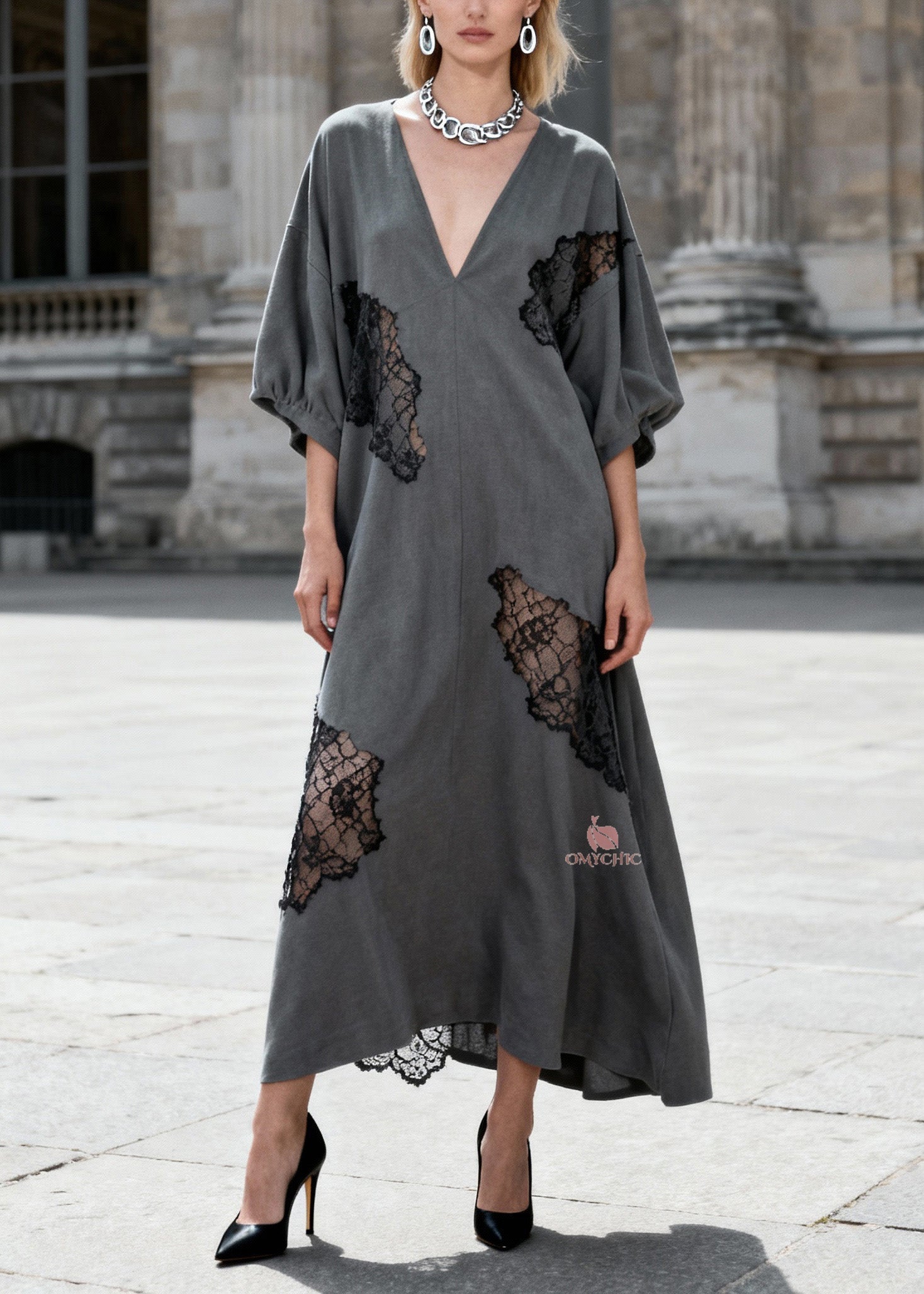 Deep V-Neck Balloon Sleeve Lace Insert Cut Out Chiffon Maxi Dress