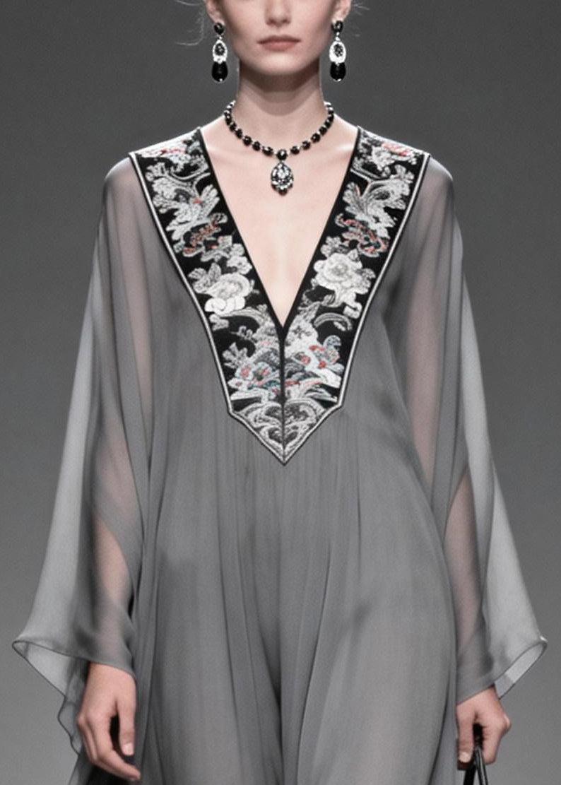 Women Grey V Neck Patchwork Chiffon Maxi Dress Summer 2
