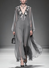 Women Grey V Neck Patchwork Chiffon Maxi Dress Summer 3