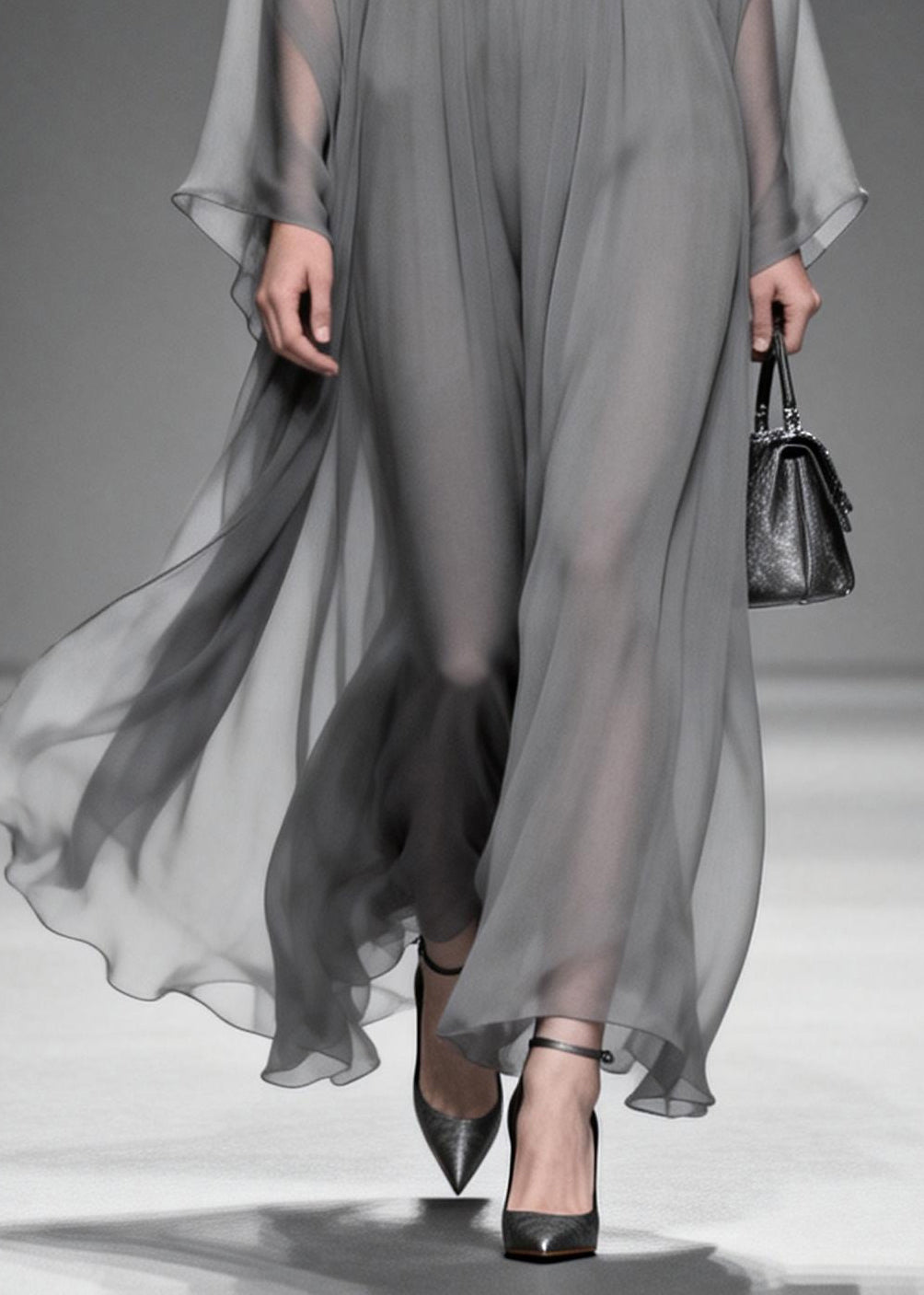 Women Grey V Neck Patchwork Chiffon Maxi Dress Summer 4