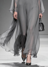 Women Grey V Neck Patchwork Chiffon Maxi Dress Summer 4