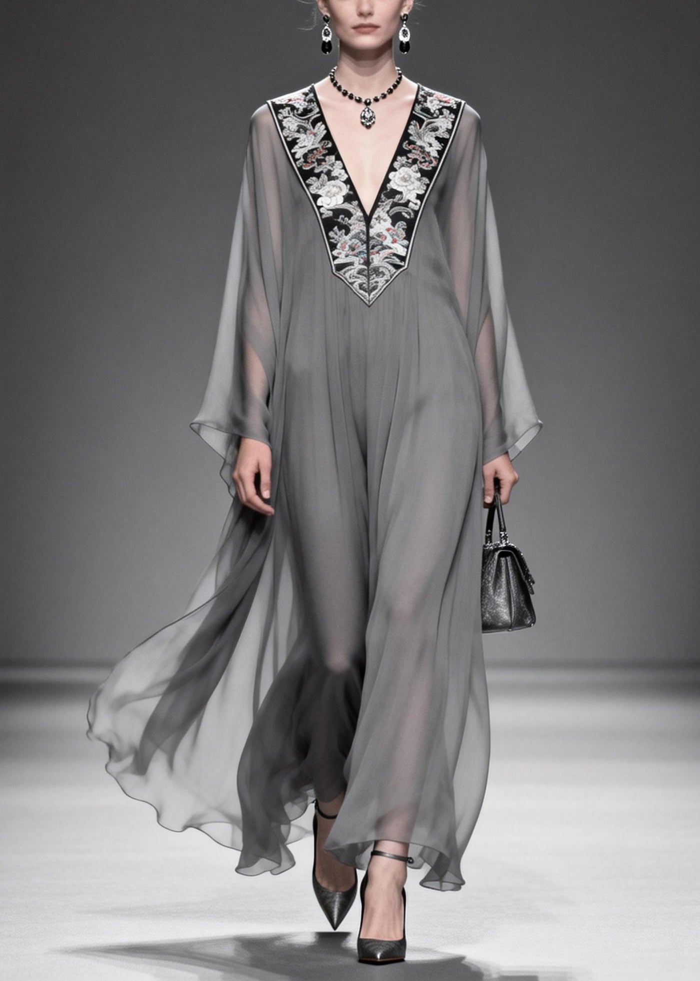 Women Grey V Neck Patchwork Chiffon Maxi Dress Summer 5