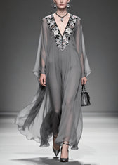 Women Grey V Neck Patchwork Chiffon Maxi Dress Summer 5