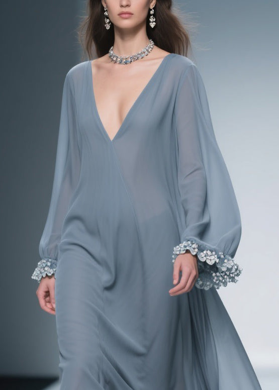 Women Haze Blue Floral Solid Chiffon Maxi Dresses 2