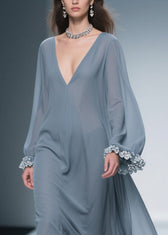 Women Haze Blue Floral Solid Chiffon Maxi Dresses 2