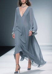 Women Haze Blue Floral Solid Chiffon Maxi Dresses 5