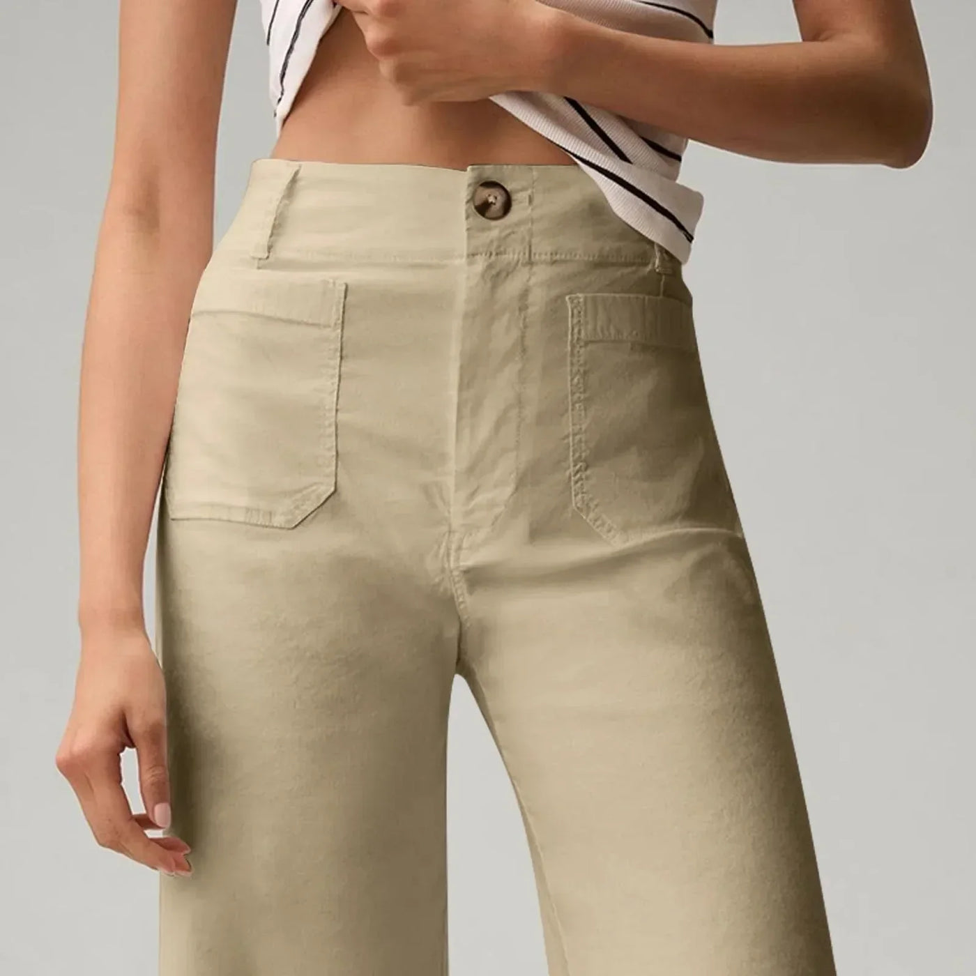 High Waist Patch Pocket Straight Pants Beige / S