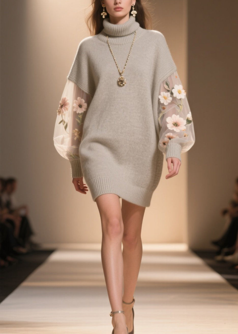 Turtleneck Floral Embroidered Mesh Lantern Sleeve Knit Sweater Mini Dress