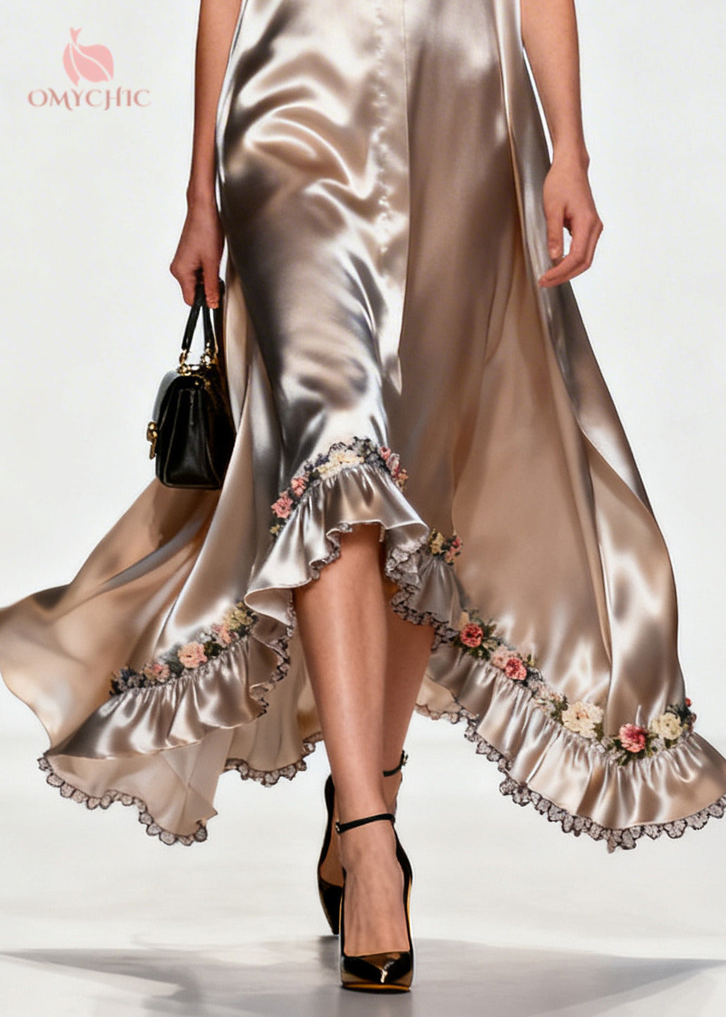 Women Khaki Ruffled Floral Silk Robe Dresses Sleeveless - View 4