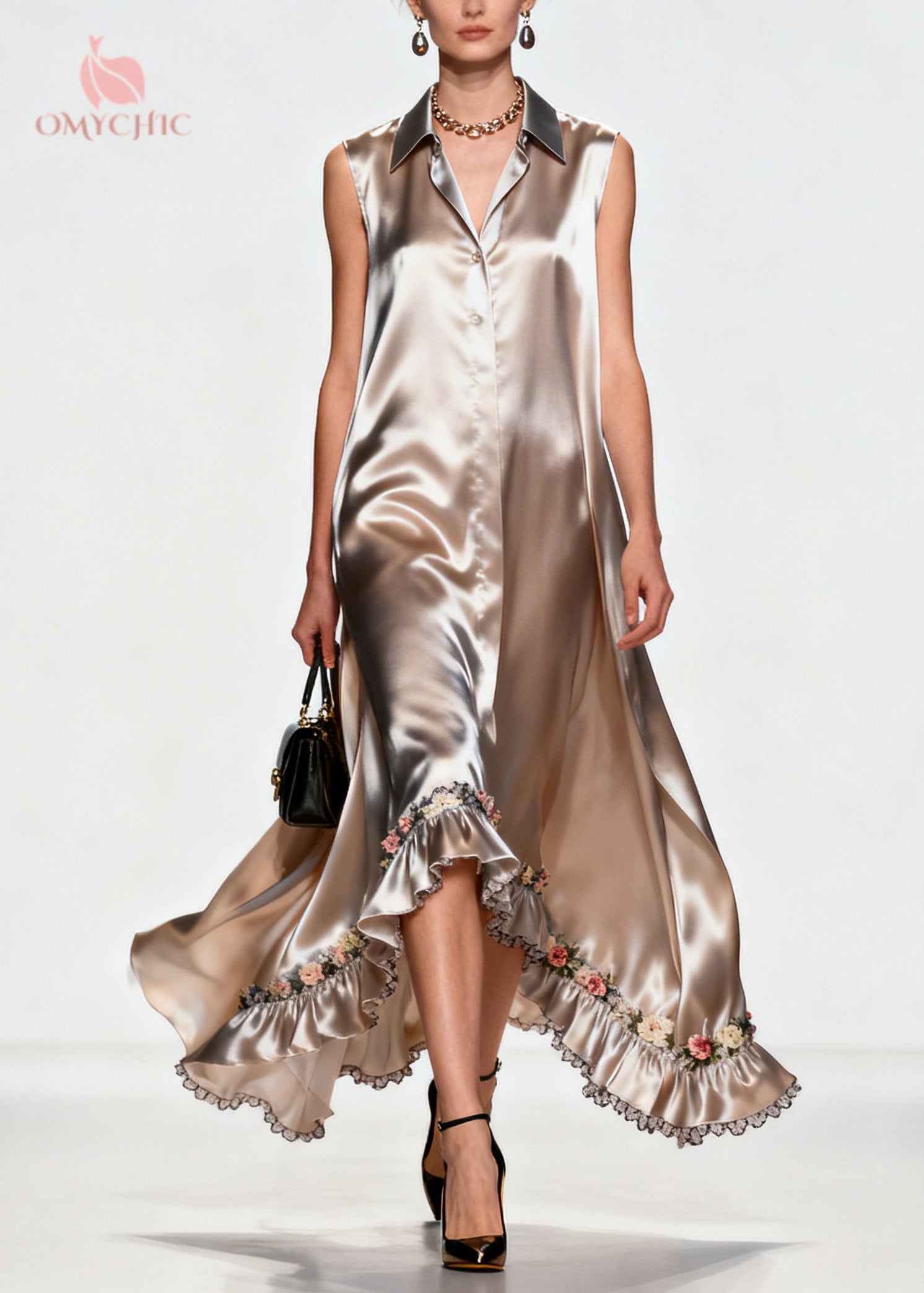 Women Khaki Ruffled Floral Silk Robe Dresses Sleeveless - View 5