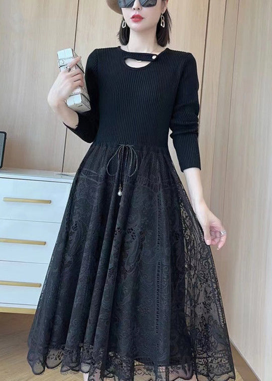 Knit Lace Patchwork Tie Waist Cut Out Long Sleeve A-Line Midi Dress