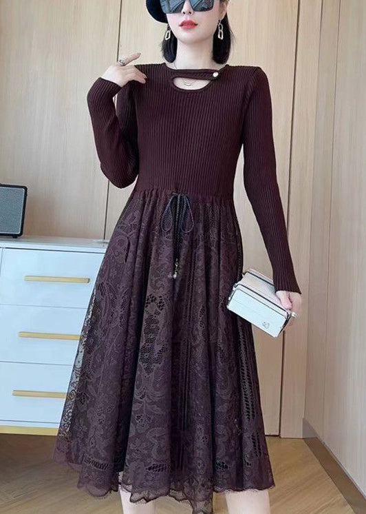 Knit Lace Patchwork Tie Waist Cut Out Long Sleeve A-Line Midi Dress