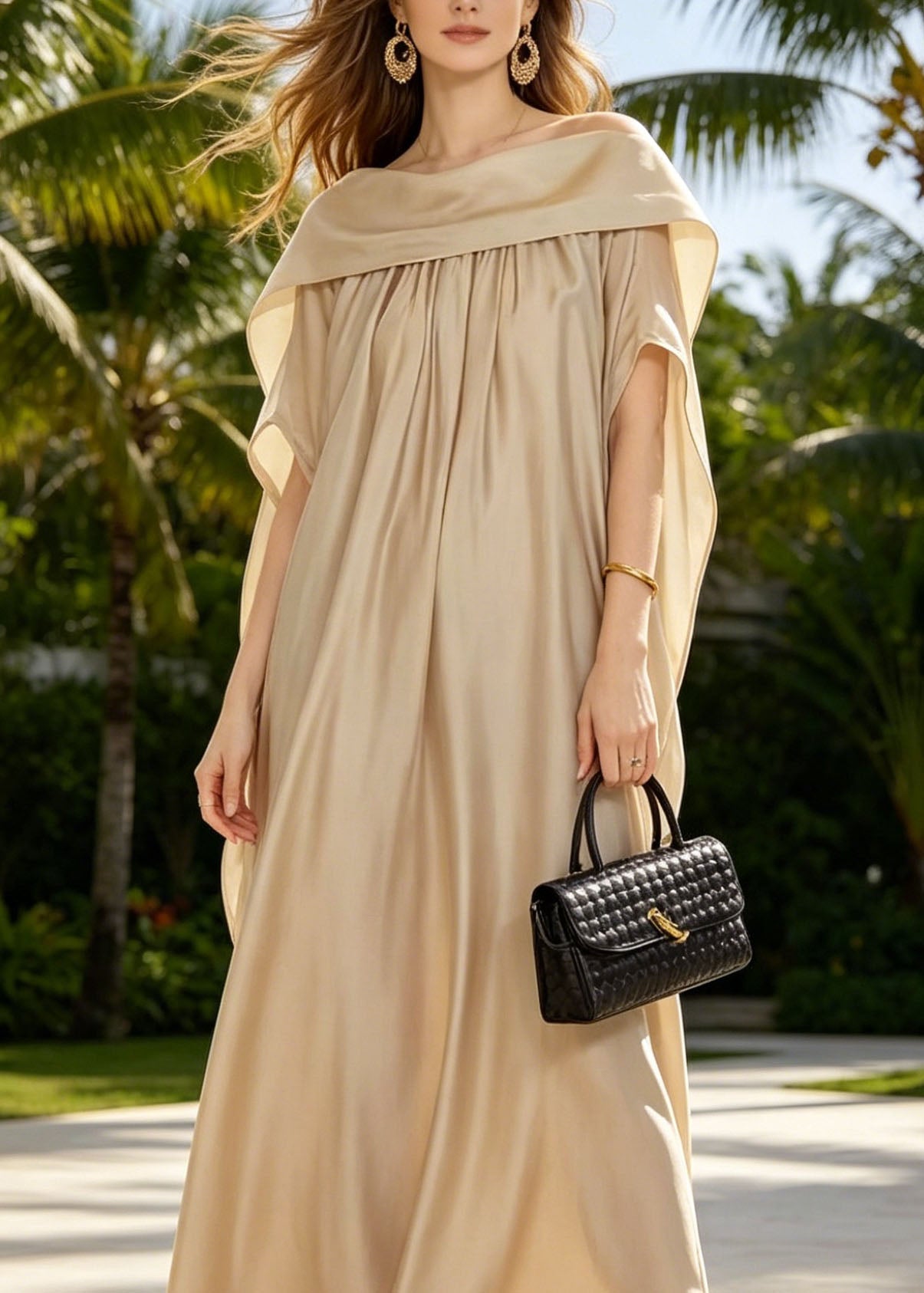 Satin Off Shoulder Draped Cape Sleeve Kaftan Maxi Gown