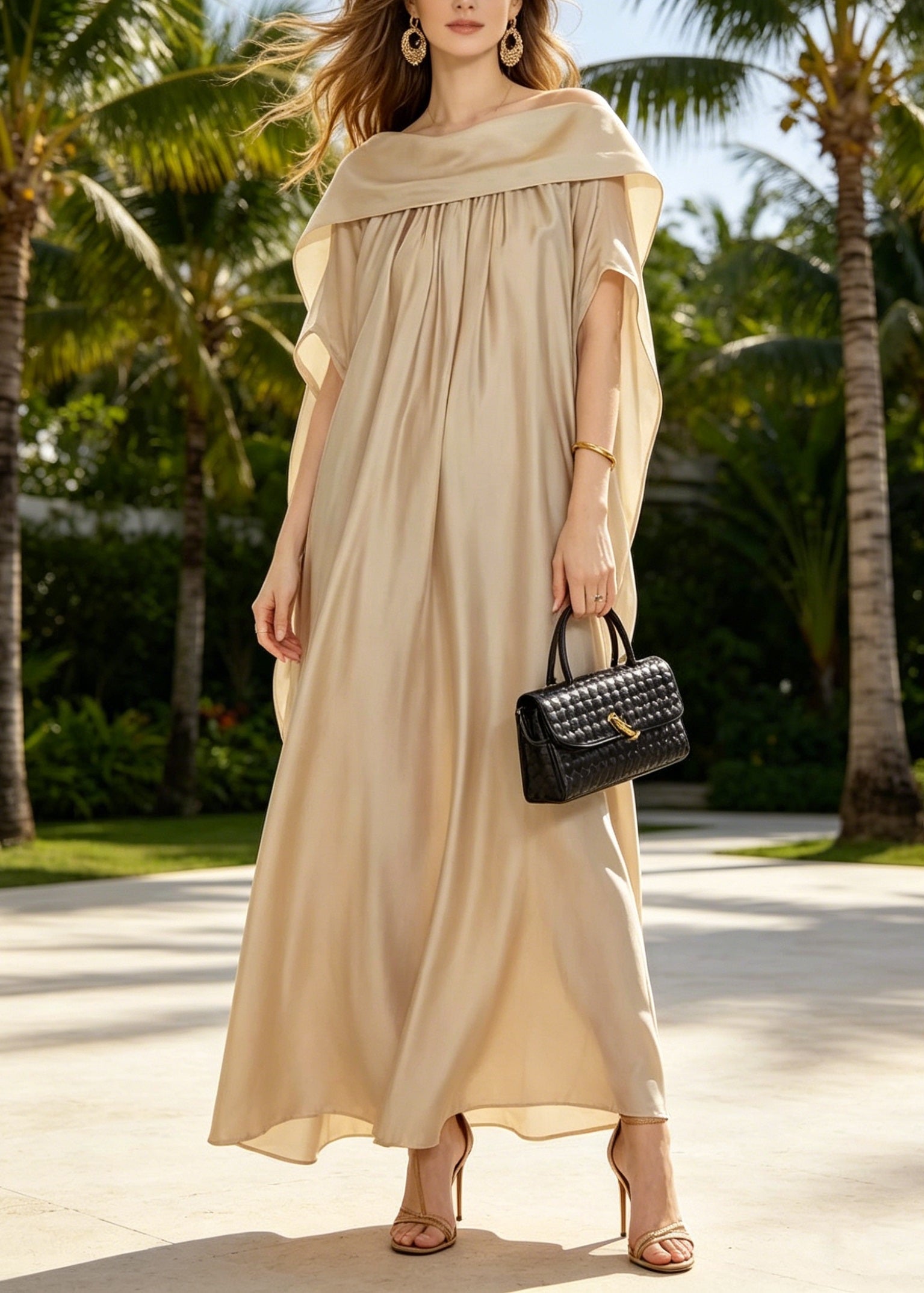 Satin Off Shoulder Draped Cape Sleeve Kaftan Maxi Gown