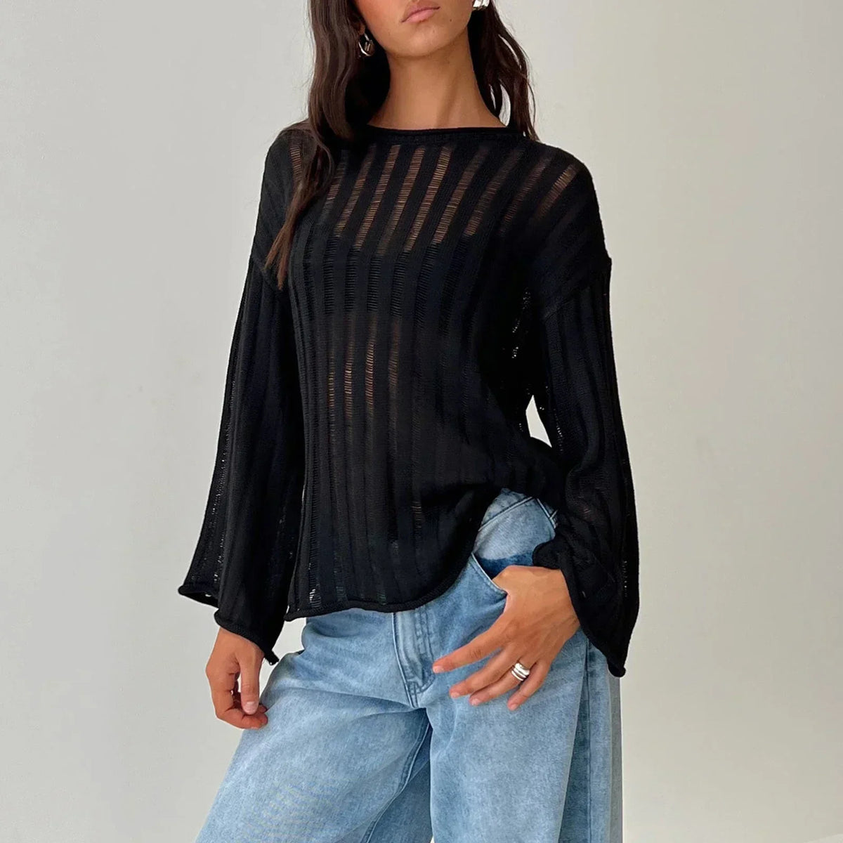 Round Neck Flare Sleeve Sheer Open Knit Sweater