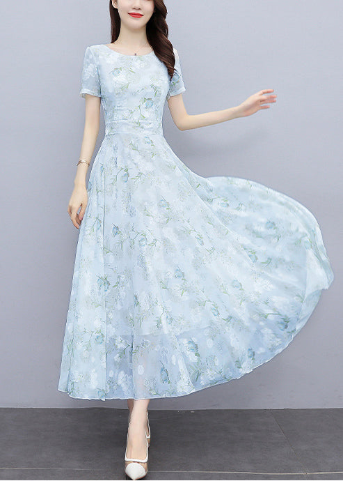 Floral Print Scoop Neck Cinched Waist Short Sleeve Chiffon Maxi Dress