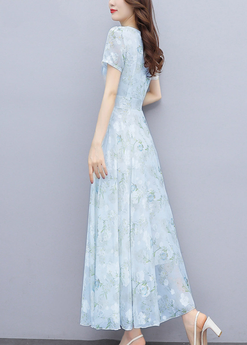 Floral Print Scoop Neck Cinched Waist Short Sleeve Chiffon Maxi Dress
