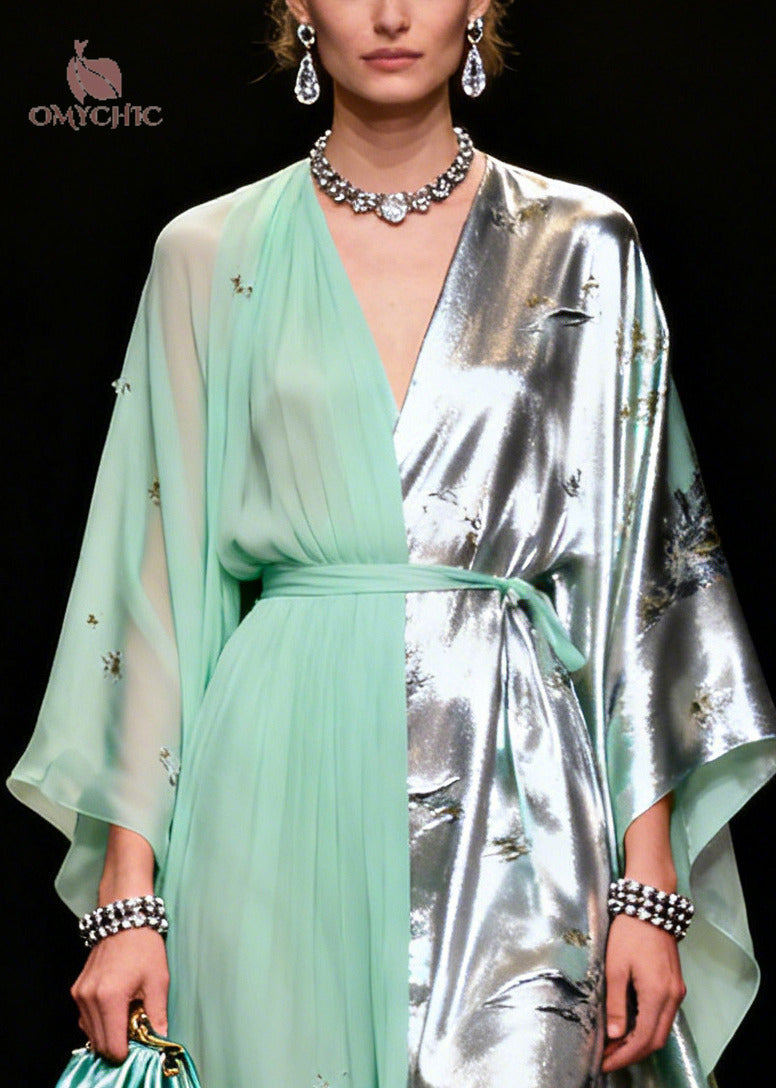 Chiffon Satin Floral Print Split Panel Kaftan Sleeve Tie Belt Maxi Gown
