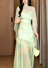 Women Light Green Print Tulle Maxi Dress And Cape Two Piece Set Summer
