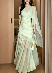 Women Light Green Print Tulle Maxi Dress And Cape Two Piece Set Summer 4