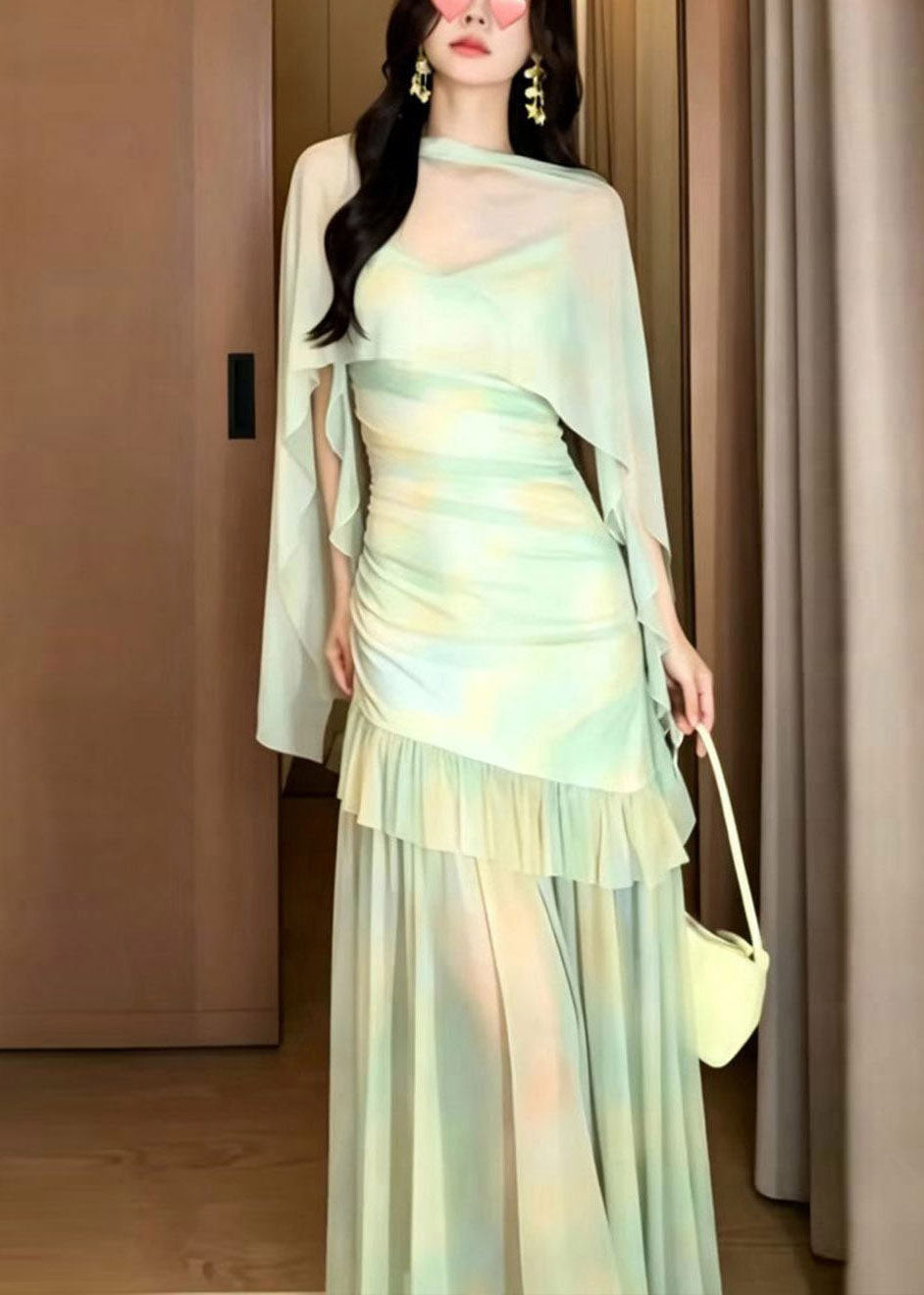 Women Light Green Print Tulle Maxi Dress And Cape Two Piece Set Summer 5
