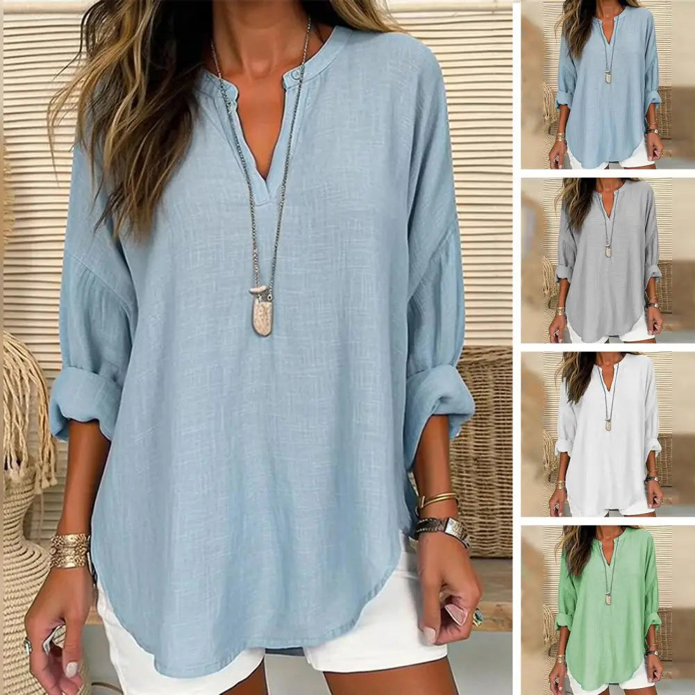 Notch Neck Long Sleeve Linen Look Blouse