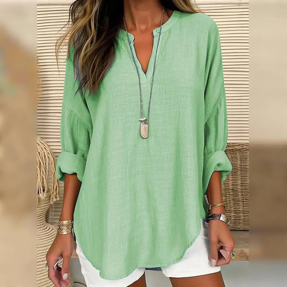 Notch Neck Long Sleeve Linen Look Blouse