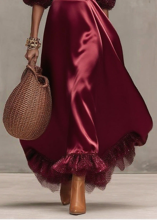 Satin Scoop Neck Mesh Puff Sleeve Glitter Ruffle Hem A-Line Midi Dress