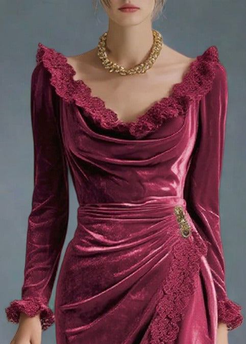 Velvet Cowl Neck Long Sleeve Lace Trim Ruched Wrap Midi Party Dress