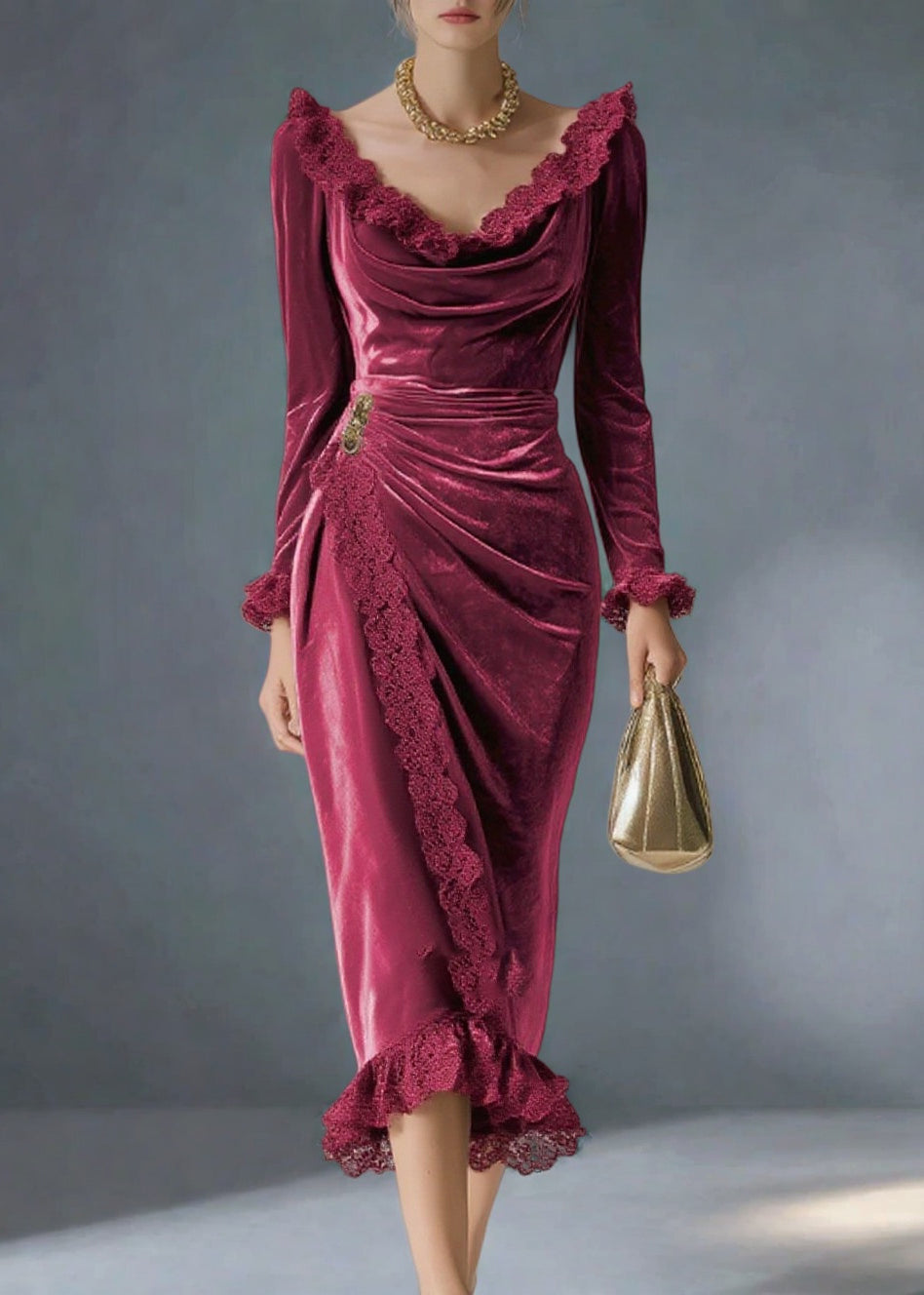 Velvet Cowl Neck Long Sleeve Lace Trim Ruched Wrap Midi Party Dress