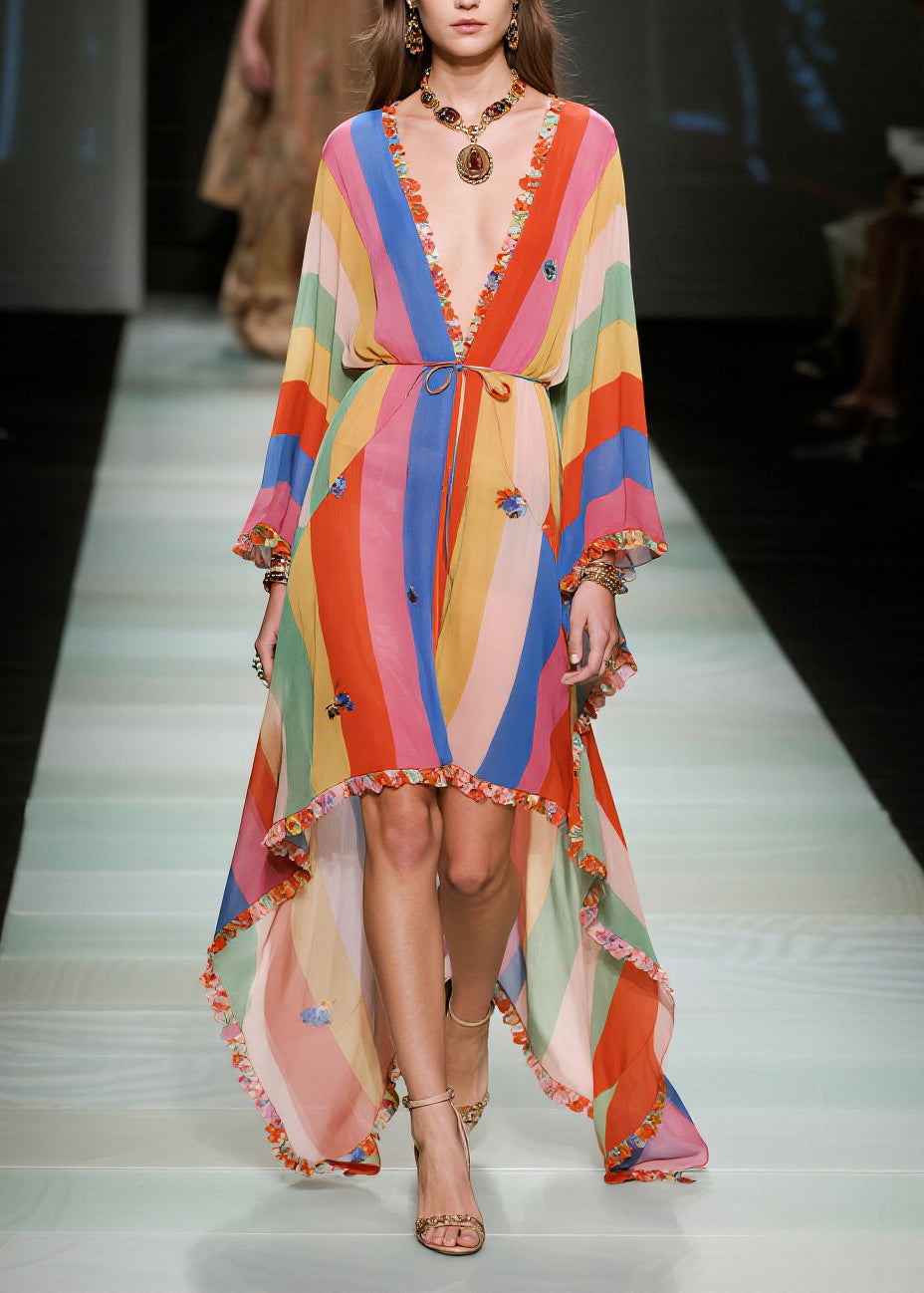 Chiffon Deep V-Neck Batwing Sleeve Ruffle Trim High Low Maxi Dress - View 5
