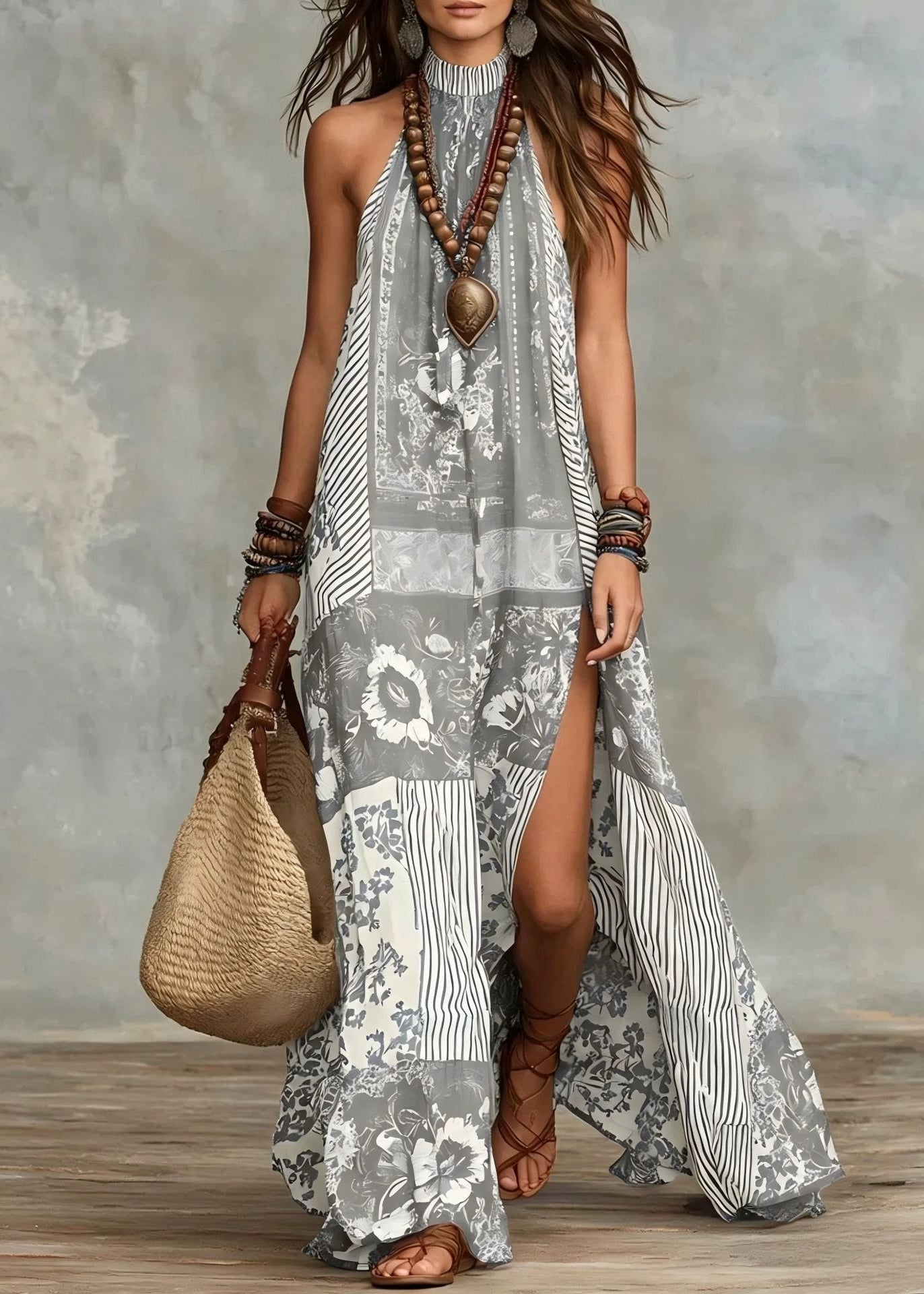 Women Navy Print Side Open Cotton Long Dress Sleeveless