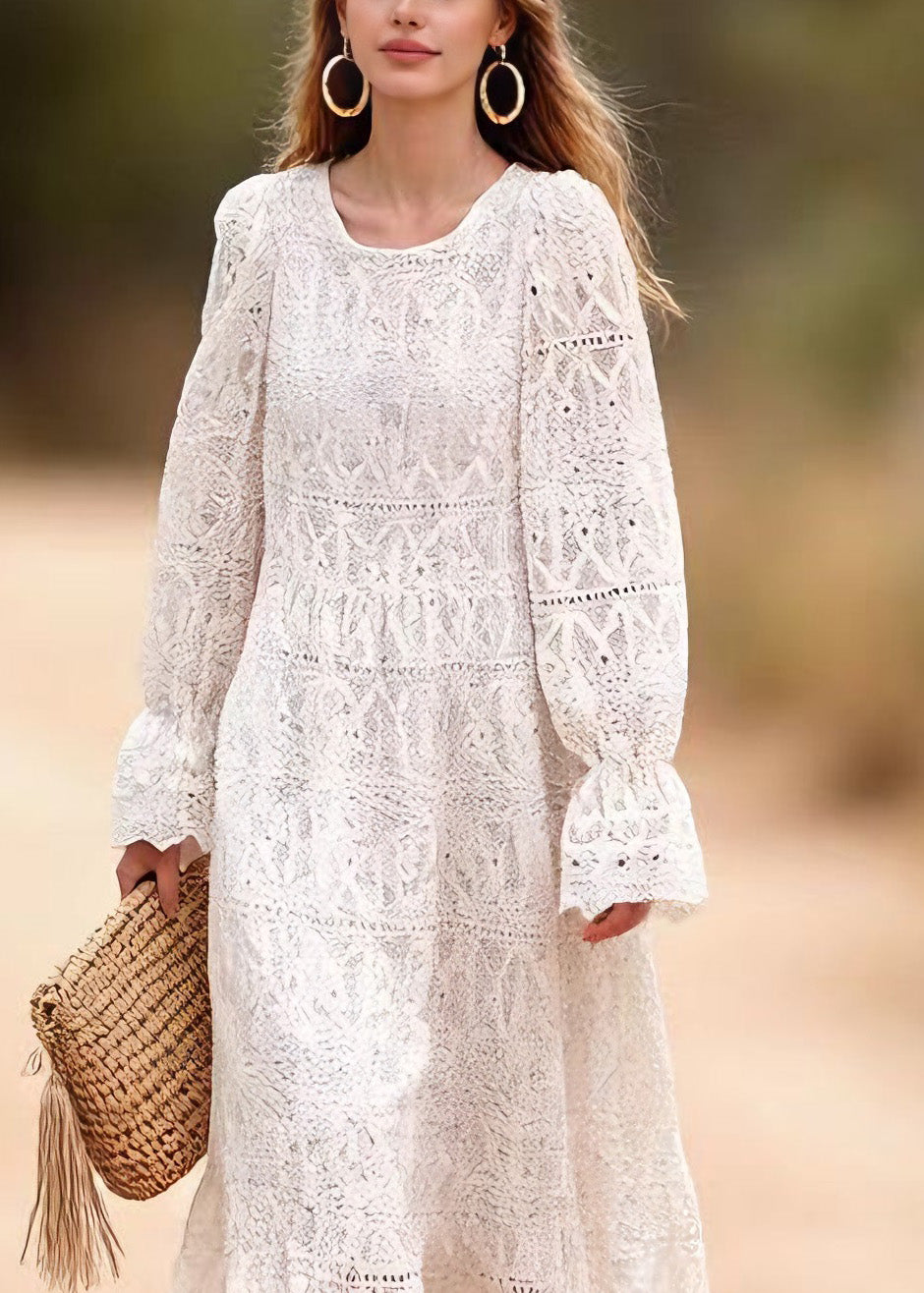 Lace Eyelet Round Neck Puff Sleeve Tiered Ruffle Maxi Dress
